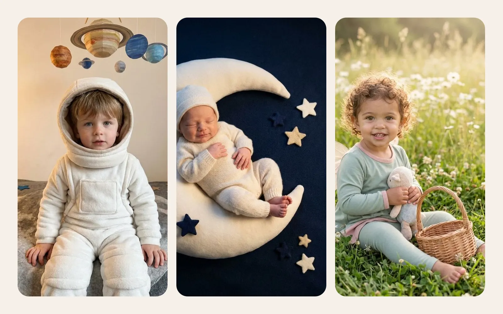 Three AI keepsake cards side by side: a little astronaut, a newborn asleep on a crescent moon, a toddler as a garden fairy