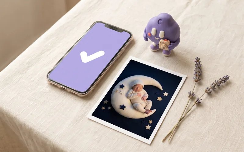 A phone with a check mark on screen beside a printed keepsake card and a small purple TinyLapse mascot figure
