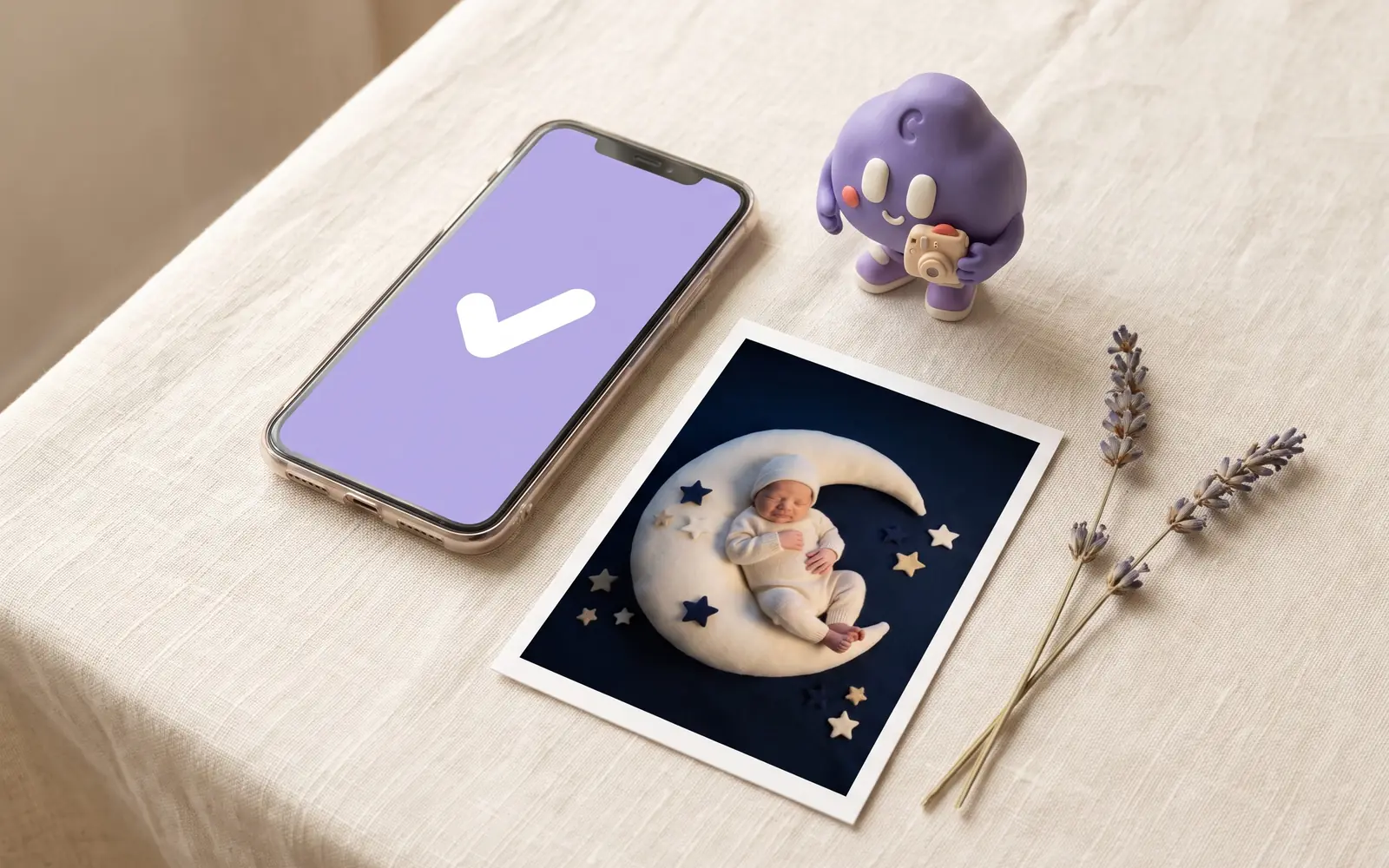 Ekranında onay işareti olan bir telefon, basılı bir hatıra kartı ve küçük mor TinyLapse maskotu figürü