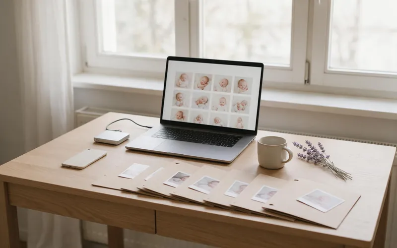 A laptop showing a grid of baby photos on a desk with a phone, an external drive and printed photos in folders
