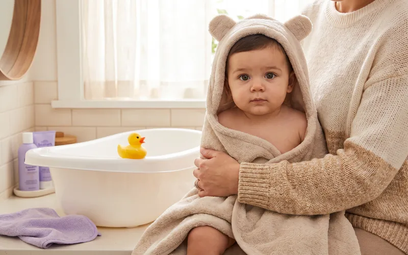 A baby wrapped in a hooded towel on a parent's lap next to a small bathtub with a rubber duck