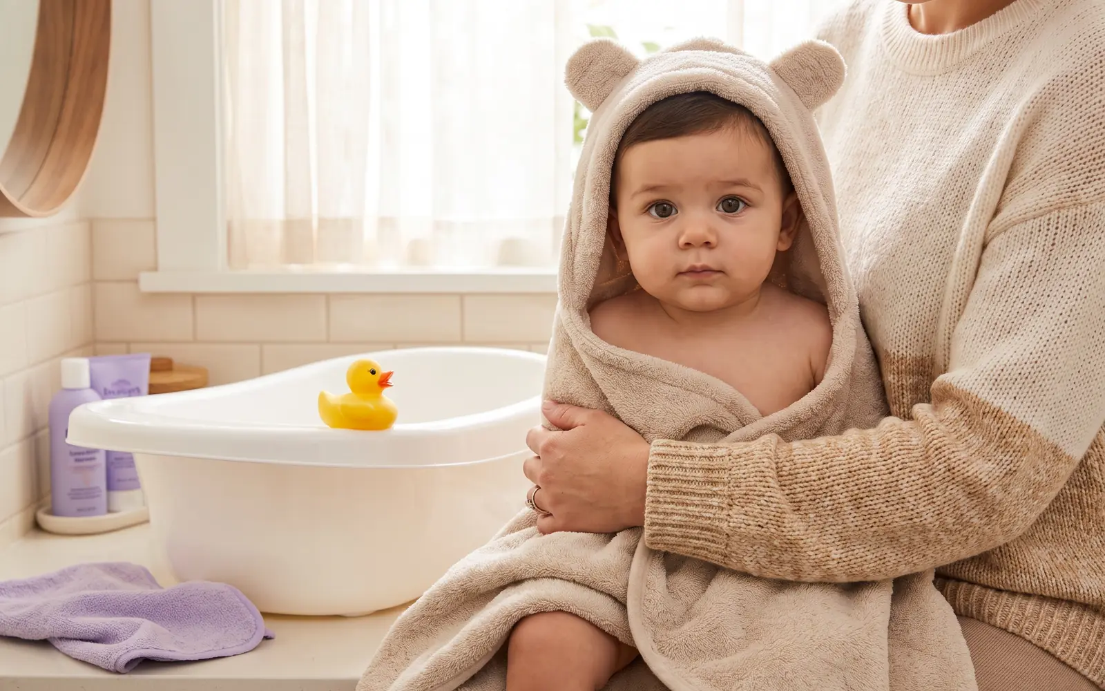 A baby wrapped in a hooded towel on a parent's lap next to a small bathtub with a rubber duck