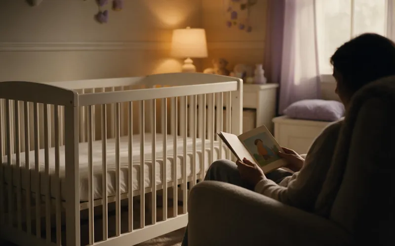 A parent reading a picture book in a lamplit nursery beside an empty cot