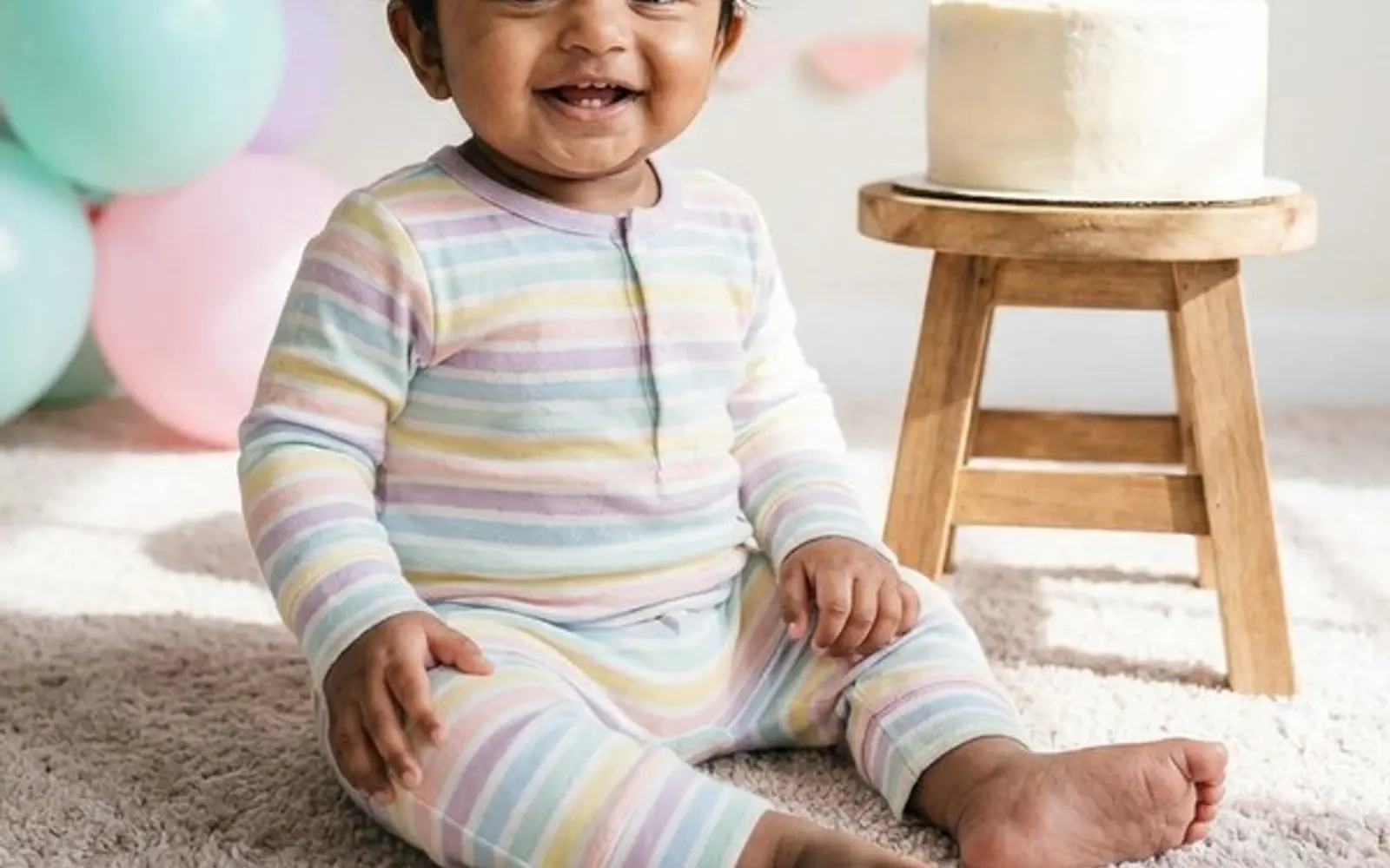 A baby in a paper crown on a rug with pastel balloons and a small cake on a stool