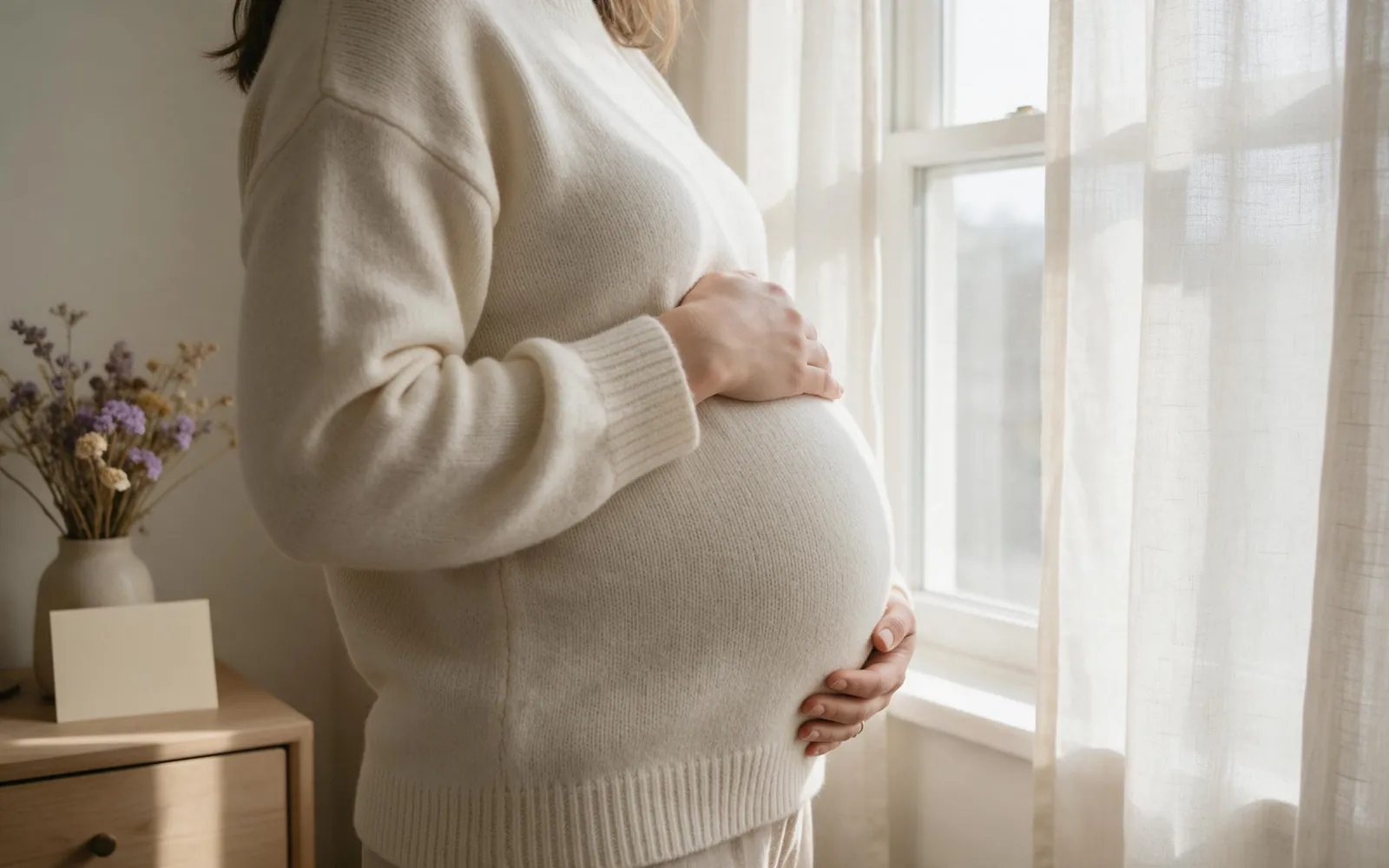 A pregnant woman in a cream knit sweater resting her hands on her bump beside a bright window