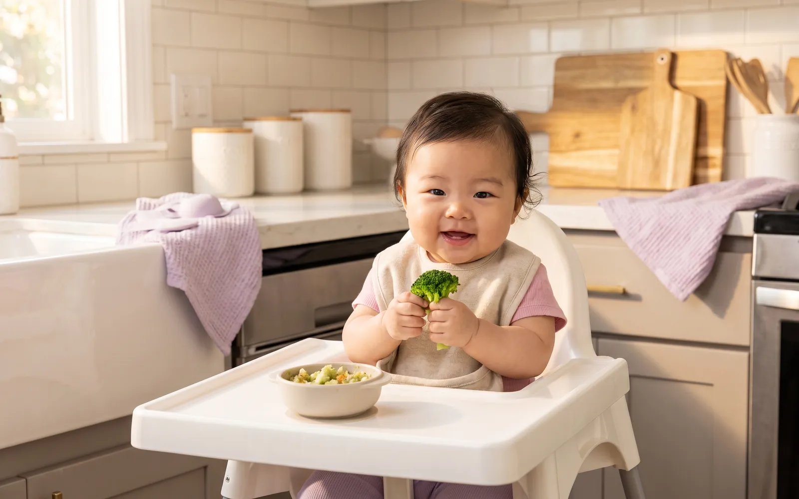 A smiling baby in a white high chair holding a piece of soft steamed broccoli in a bright kitchen