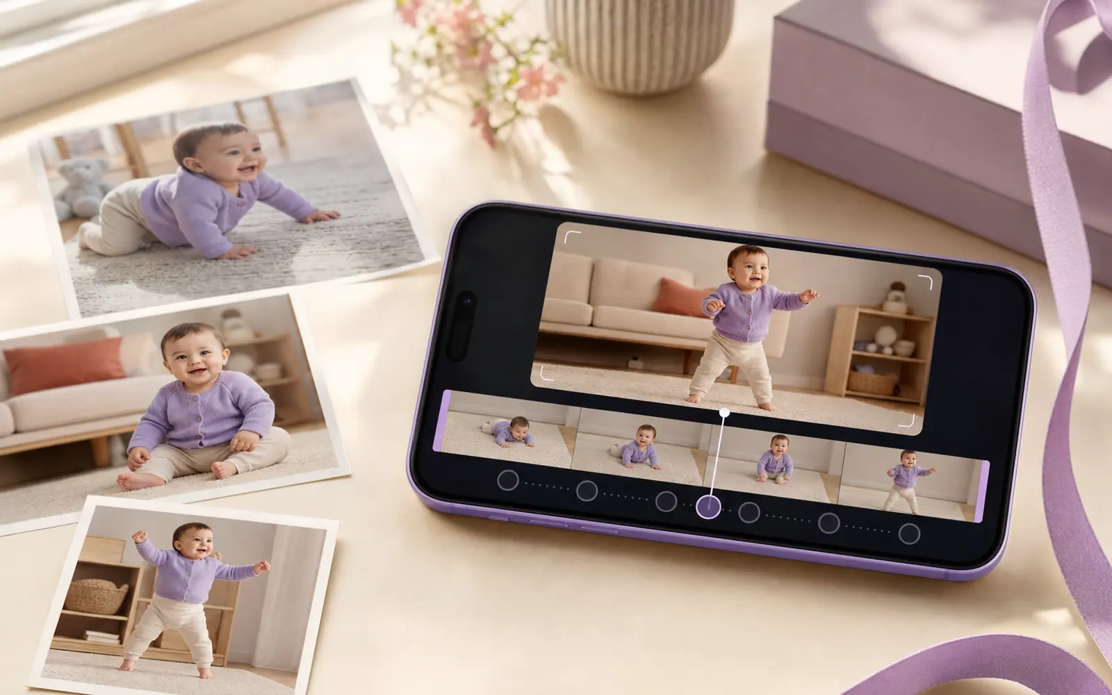 A phone showing a baby video editor on a table with printed baby photos and lilac ribbon