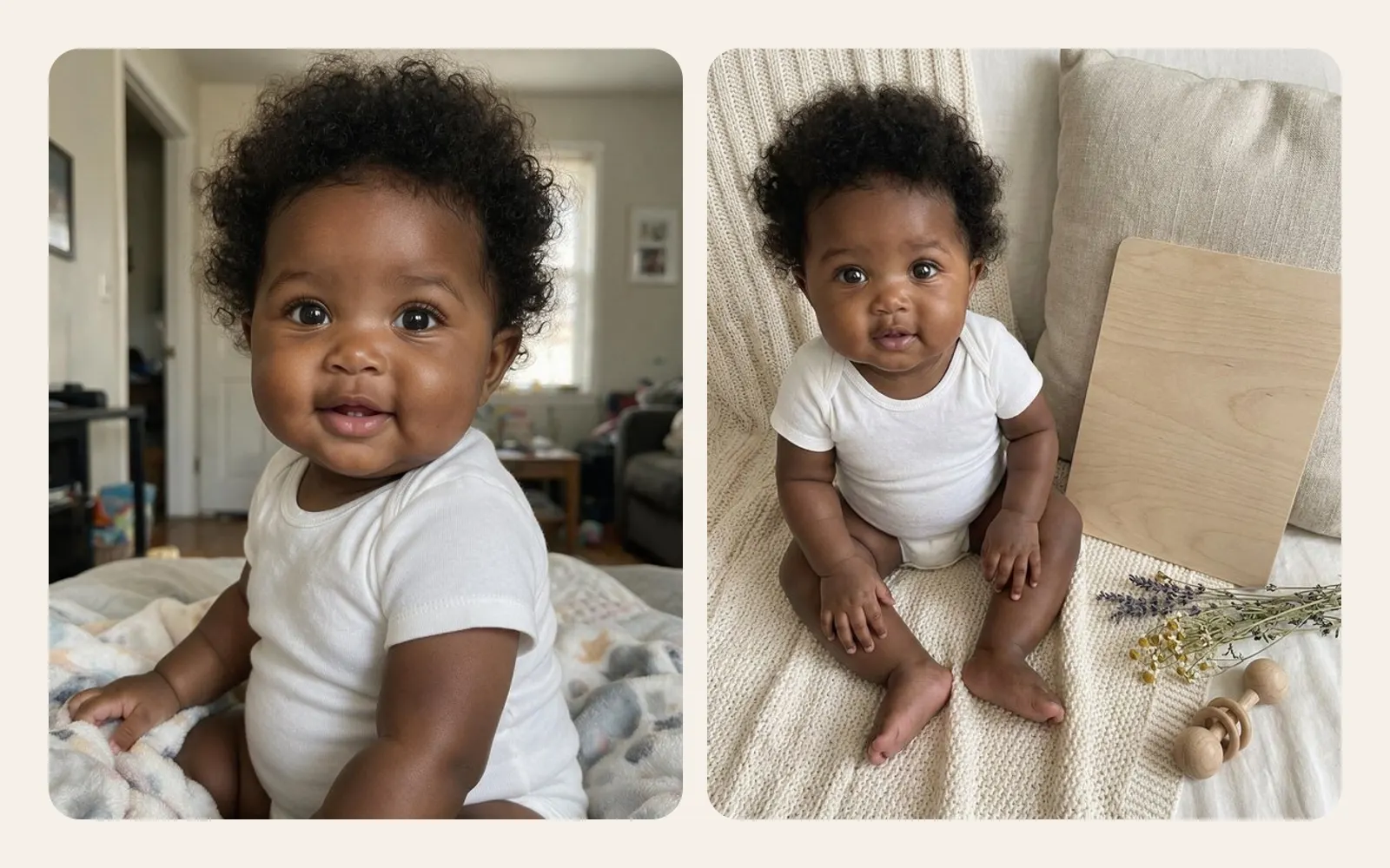 The same baby shown twice: an everyday phone photo and an AI keepsake version on a knitted blanket with a wooden milestone board