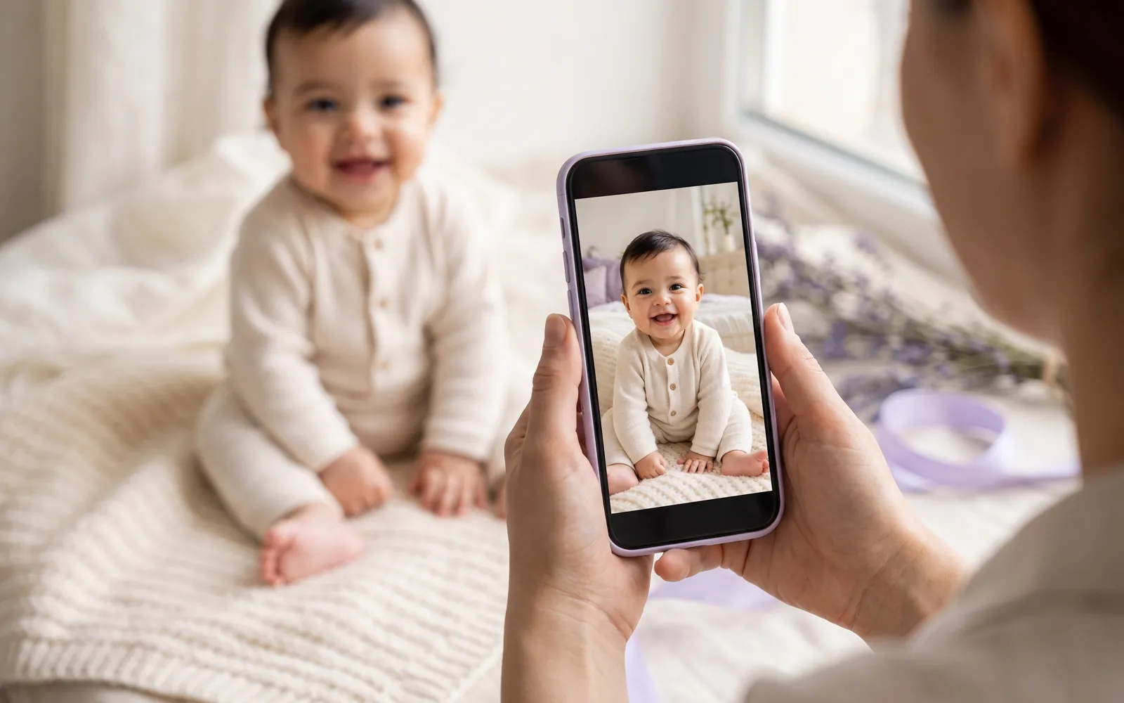 A parent holding an iPhone to photograph a smiling baby sitting on a knitted blanket by a window