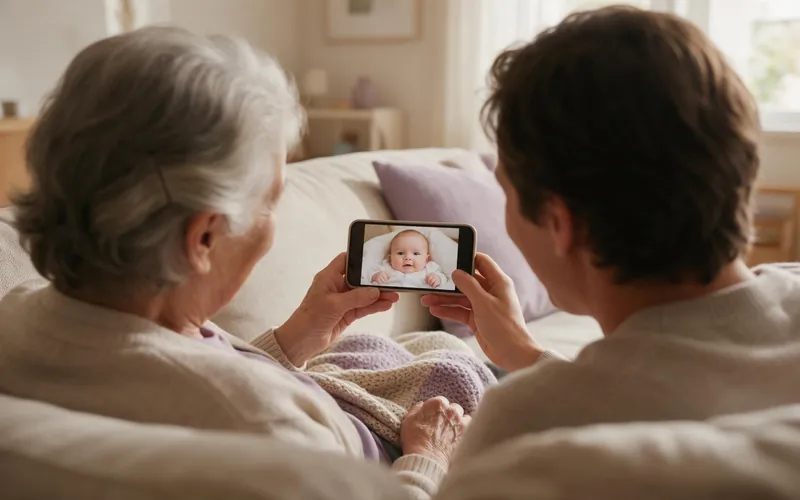 A grandmother and a parent on a sofa, seen from behind, looking at a baby photo on a phone