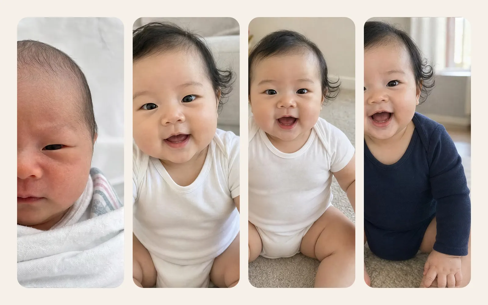 Four photos of the same baby from newborn to one year in a row