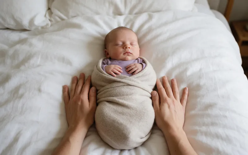 A sleeping newborn swaddled in an oat knit wrap on a white bed, a parent's hands resting beside the bundle