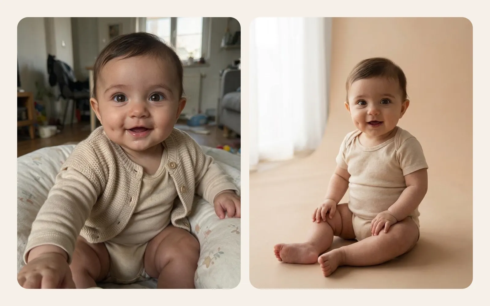 Aynı bebek iki kez: evde çekilmiş bir fotoğraf ve yumuşak stüdyo ışığında bir yapay zekâ portresi