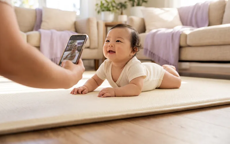 A smiling baby on her tummy on a play mat, lifting her head toward a parent's phone held at floor level