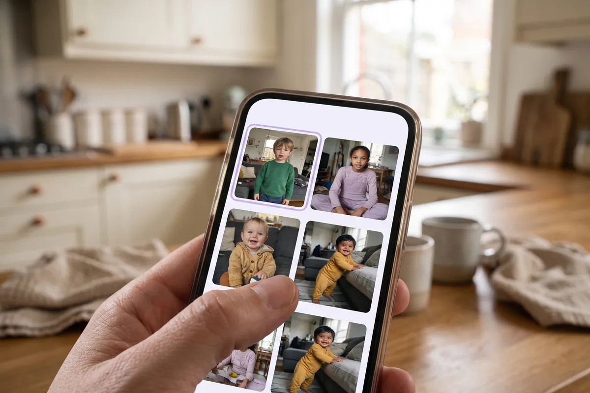 A thumb scrolling a phone gallery of everyday child photos, one of them highlighted
