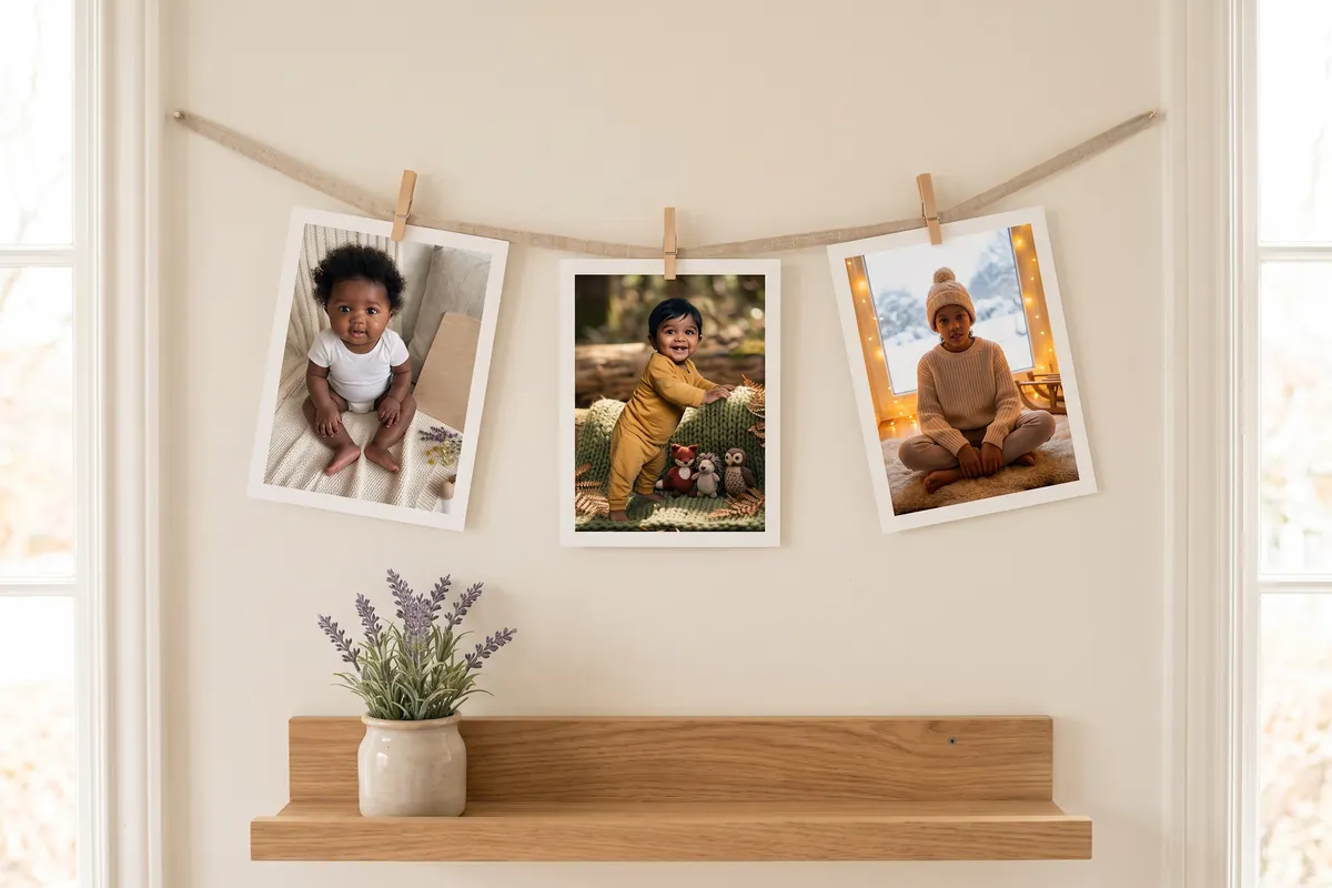 Three keepsake cards hung in a row with wooden clips on a nursery wall