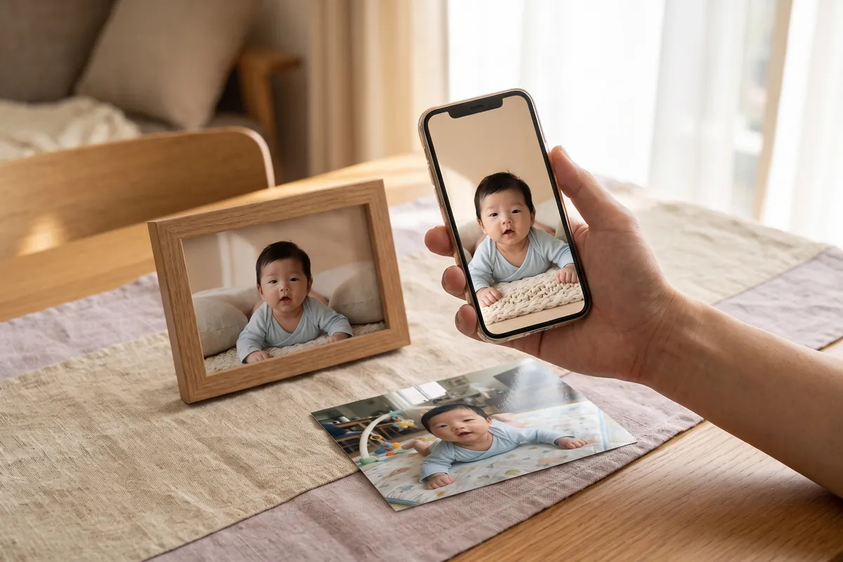 Hazır hatıra görselini gösteren telefonu tutan el, yanında çerçeveli baskısı ve orijinal fotoğraf