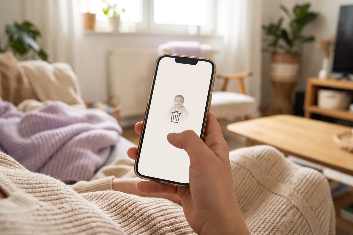 Ekranında bir fotoğrafın çöp kutusuna gittiği telefonu tutan bir el