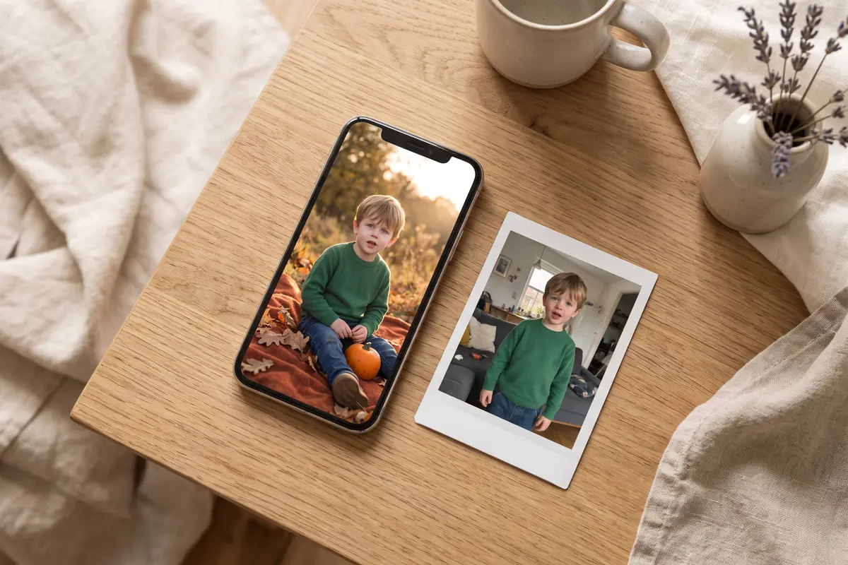 A phone showing an autumn themed keepsake next to a print of the original snapshot of the same child