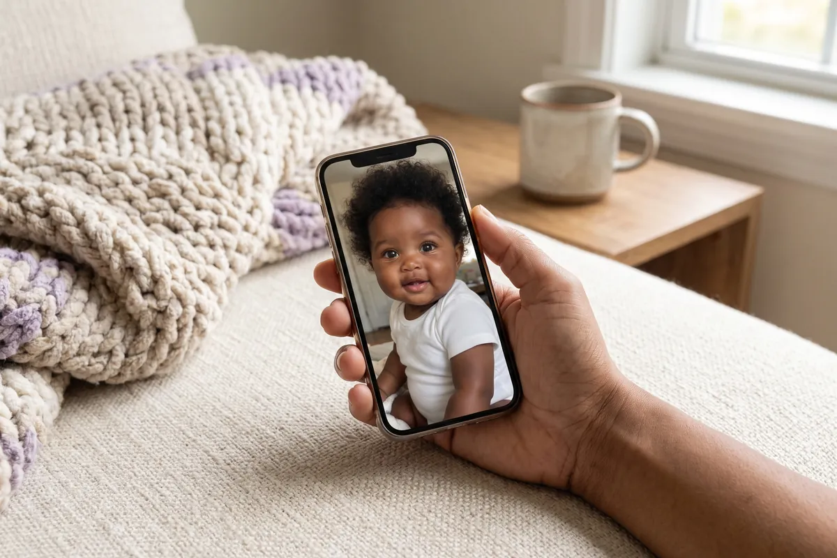 A hand holding a phone that shows an ordinary baby photo, the kind you would upload