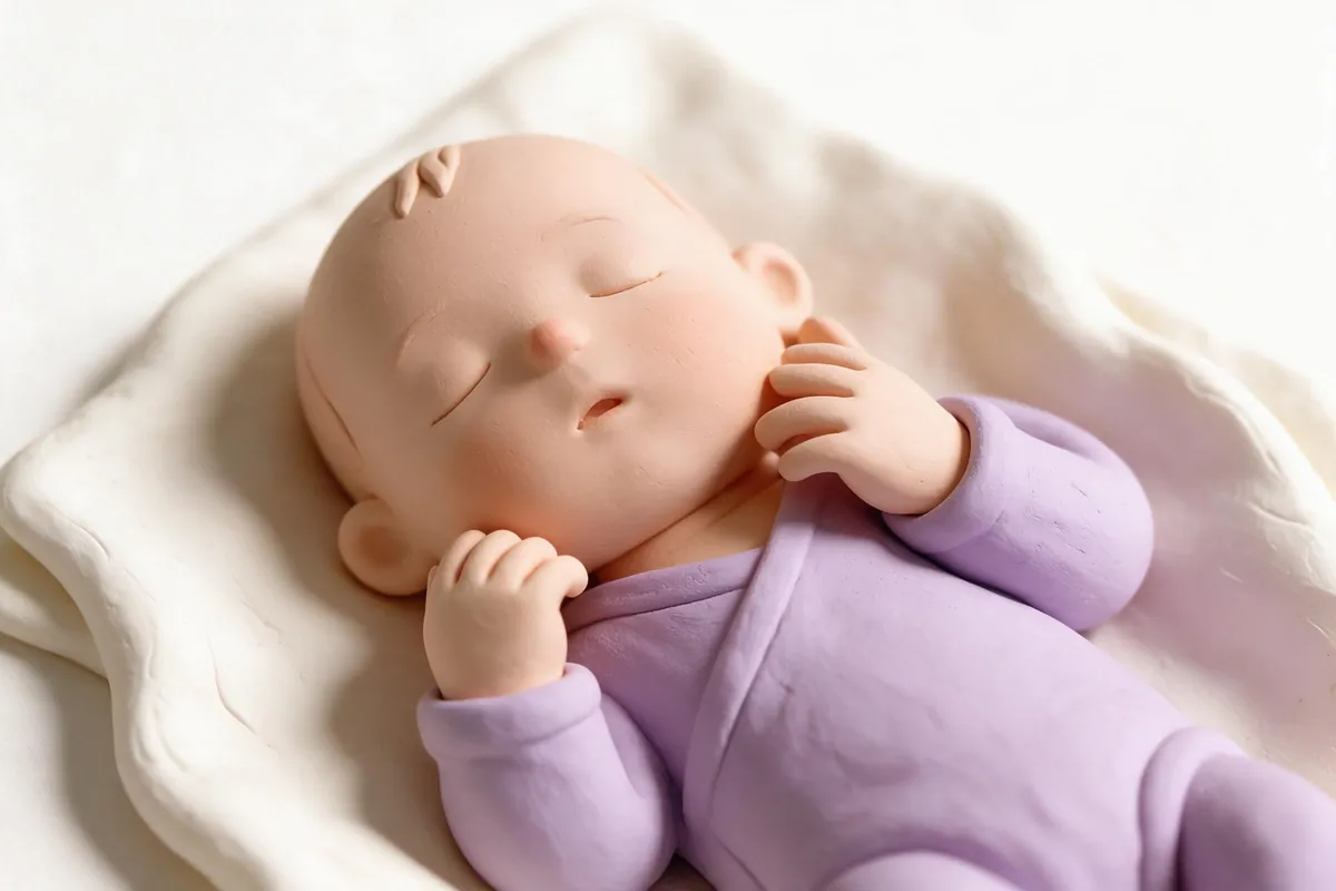 Illustration of a newborn on its back with both hands resting near its cheeks