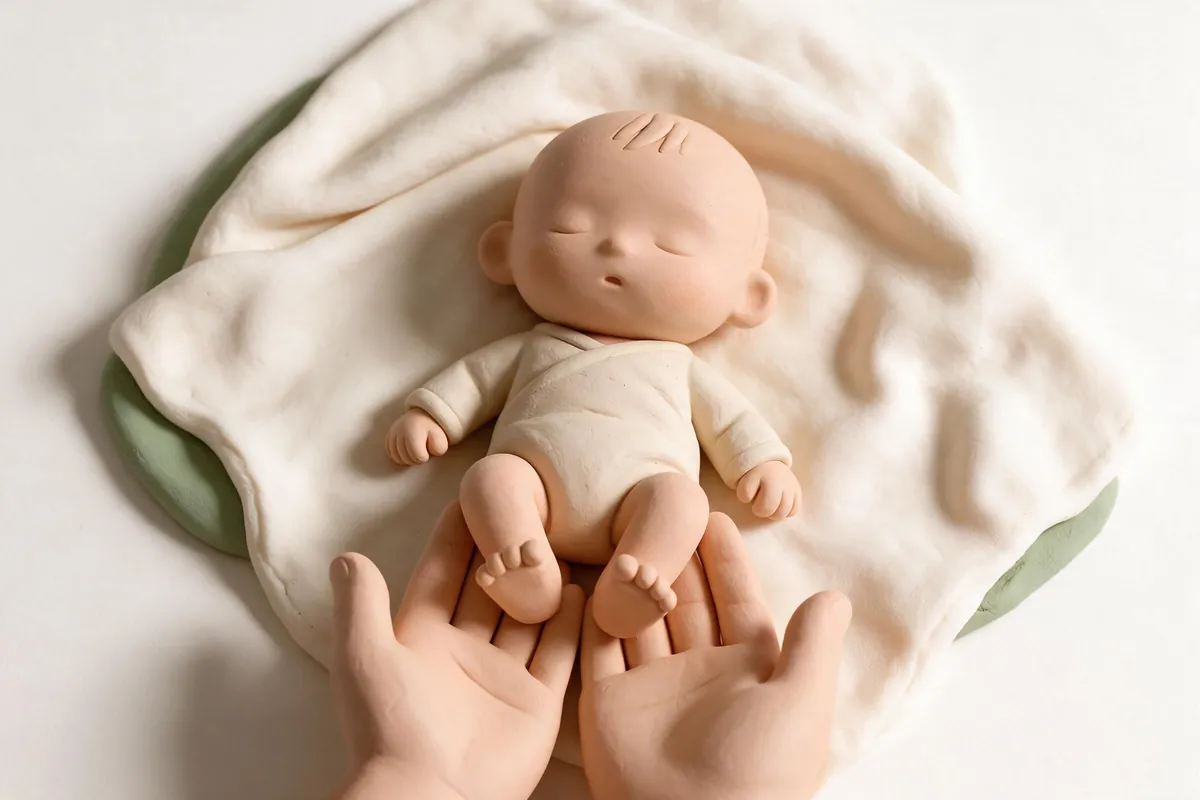 Illustration of a parent's hands softly cupping a newborn's feet