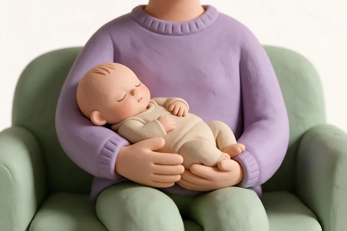 Illustration of a seated parent cradling a sleeping newborn in the crook of one arm