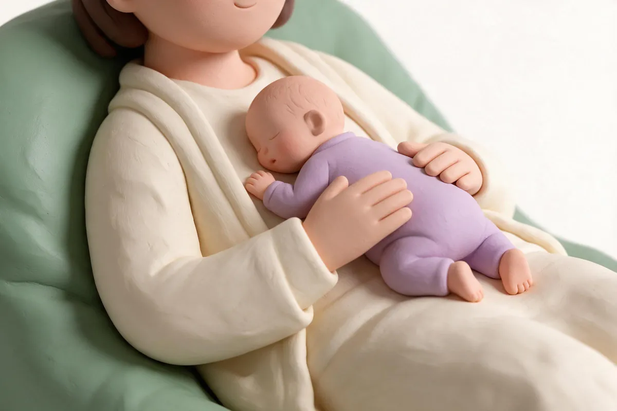 Illustration of a newborn lying tummy down on a reclined parent's chest, the parent's hands on its back