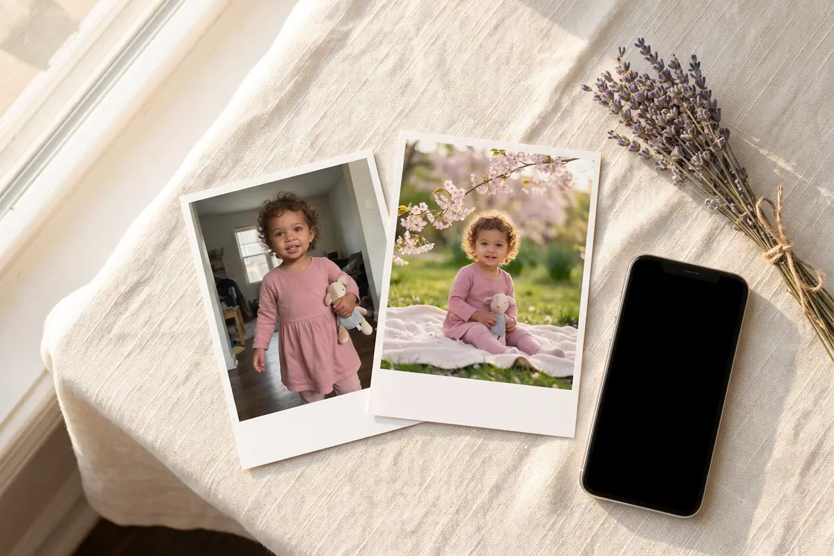 Yan yana iki baskı: bir çocuğun orijinal fotoğrafı ve ondan yapılmış bahar temalı hatıra görseli