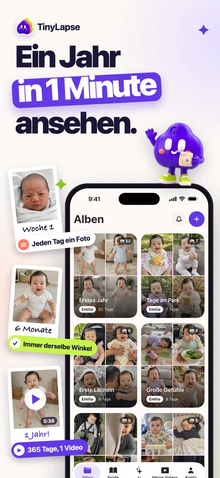 Alben mit täglichen Babyfotos und einem Video vom ersten Jahr