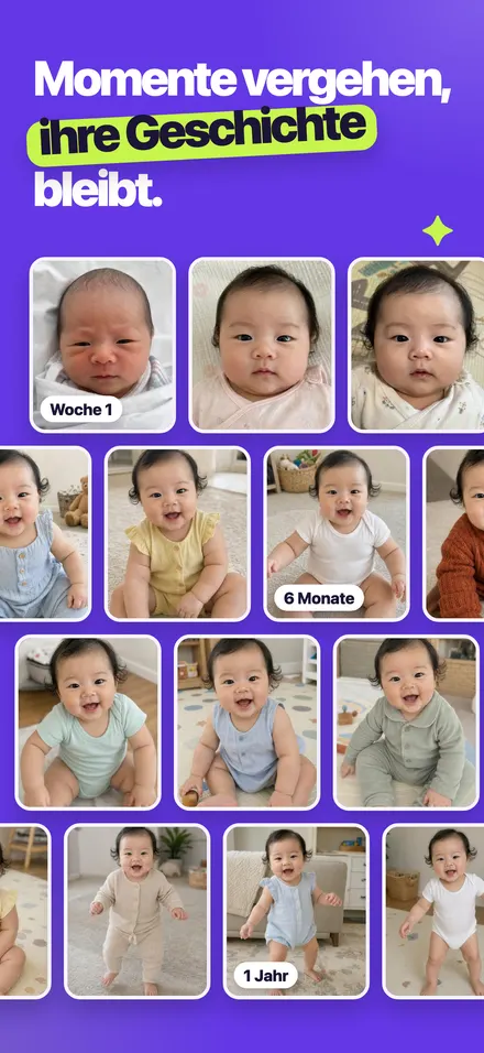Eine Wand aus Wochenfotos desselben Babys, das heranwächst