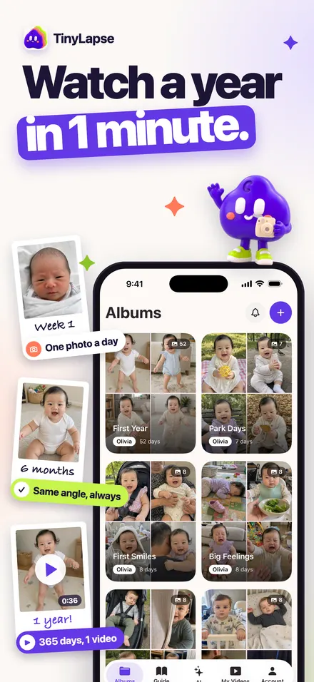 Albums screen with daily baby photos and a one-year video