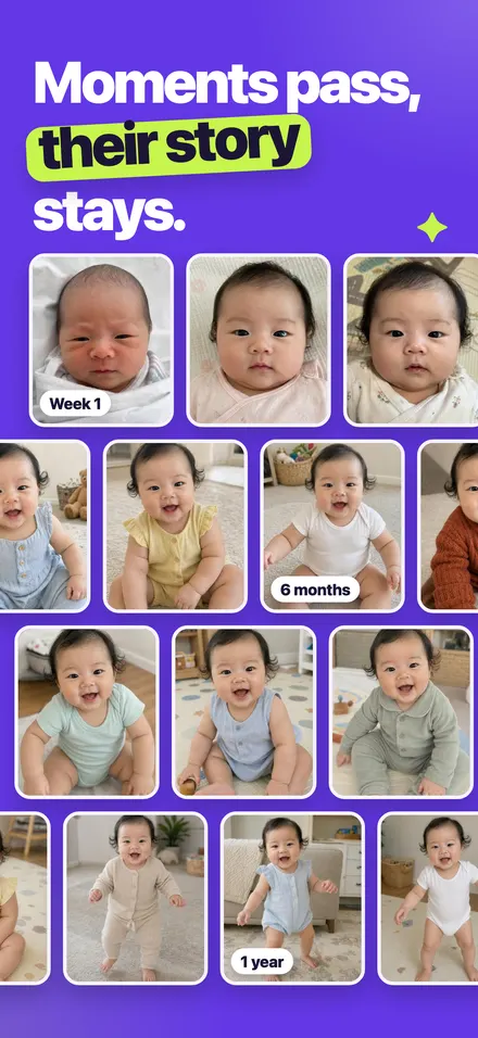 A wall of weekly photos of the same baby growing
