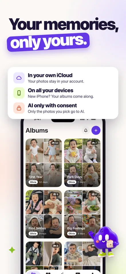 Privacy screen: iCloud, all devices, AI only with consent
