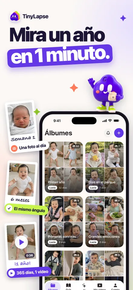 Pantalla de álbumes con fotos diarias del bebé y un video de un año