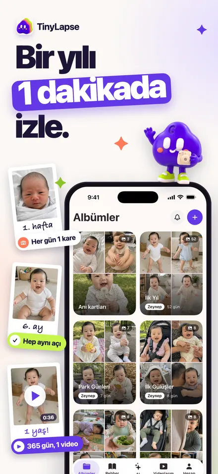Günlük bebek fotoğrafları ve bir yıllık videoyla albümler ekranı